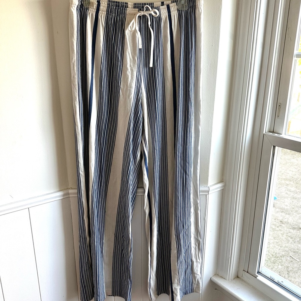 H&M Pull On Drawstring Pants White/Navy Striped Palazzo Beachy Women’s Size M